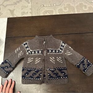 Bonpoint Brown Fair Isle Knit Cardigan with Navy & Cream Accents
